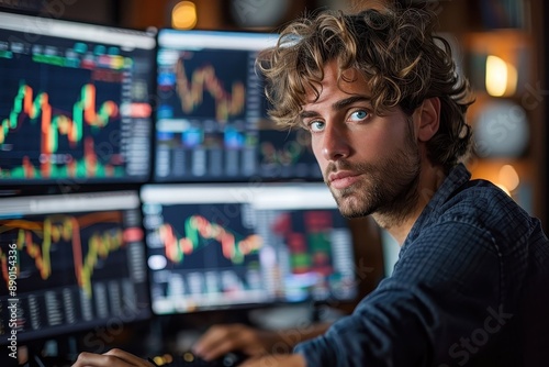 A young investor monitoring stock charts and market trends on multiple computer screens.