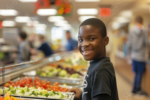 A young afro american boy smiles brightly while standing in a school cafeteria, holding a tray of colorful vegetables