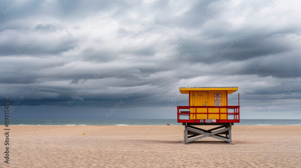An empty, sandy beach with a yellow and red lifeguard house. Cloudy sky backdrop. The lookout has medical equipment and communication tools, but no one is inside. An empty, sandy beach with a yellow and red lifeguard house. Cloudy sky backdrop. The lookout has medical equipment and communication tools, but no one is inside.