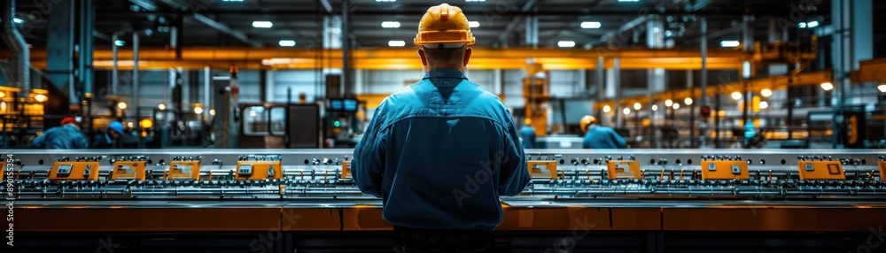 Obraz premium A worker in a hard hat observing an automated production line in a modern factory, showcasing industrial technology and precision engineering.