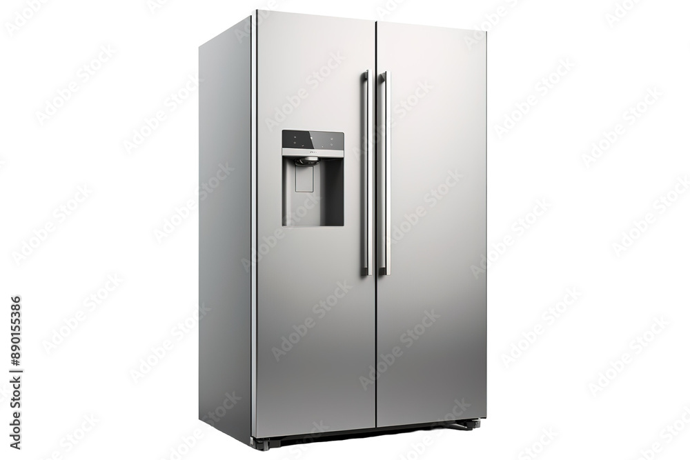A Sleek, Stainless Steel Side-by-Side Refrigerator With a Water Dispenser on a Clear PNG or White Background. A Sleek, Stainless Steel Side-by-Side Refrigerator With a Water Dispenser on a Clear PNG or White Background.