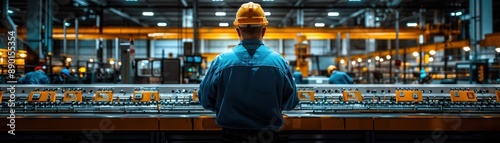 A worker in a hard hat observing an automated production line in a modern factory, showcasing industrial technology and precision engineering.
