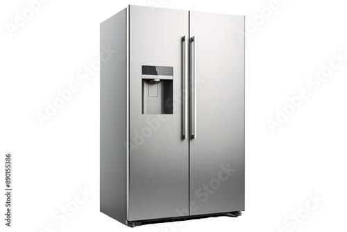 A Sleek, Stainless Steel Side-by-Side Refrigerator With a Water Dispenser on a Clear PNG or White Background.