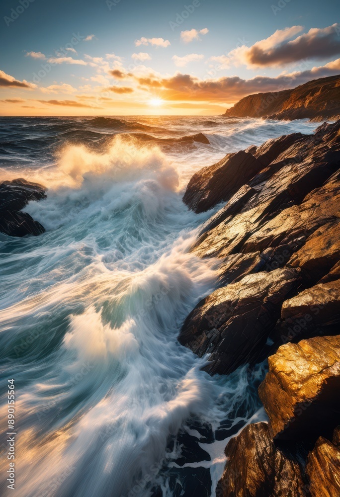 Fototapeta premium powerful ocean waves splashing dramatically rocky shoreline, rocks, water, motion, nature, sea, scenery, coast, impact, energy, movement, force, dynamic