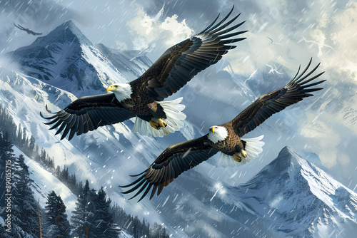 Bald eagles are flying in the sky photo