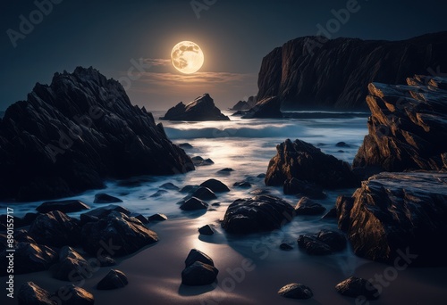 moonlight illuminating rocky shore shadows, casting, night, beach, coast, boulders, reflection, ocean, water, landscape, nature, peaceful, serene, tranquil photo