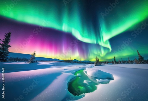 shimmering aurora illuminating stark landscape, lights, colorful, sky, nature, beauty, serene, majestic, vibrant, glowing, celestial, night, scene, peaceful, © Yaroslava