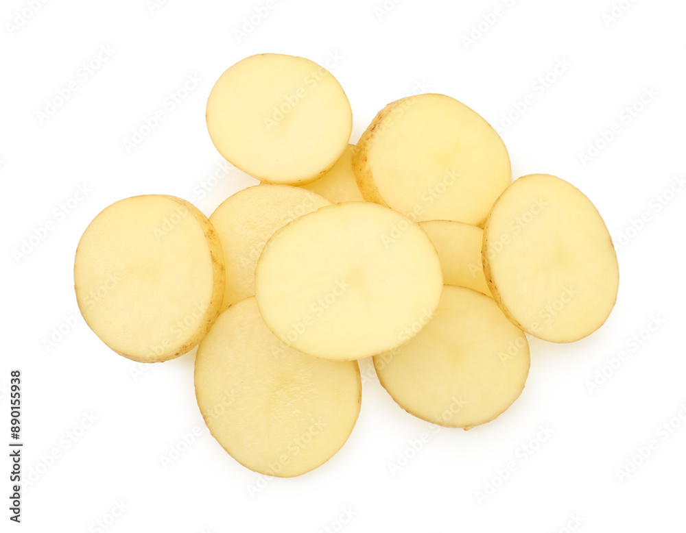 Pile of fresh cut potato isolated on white, top view Pile of fresh cut potato isolated on white, top view
