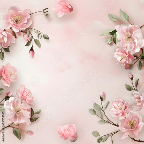 Delicate pink flowers with green leaves on a pink background. Template for cover, greeting and invitation cards.