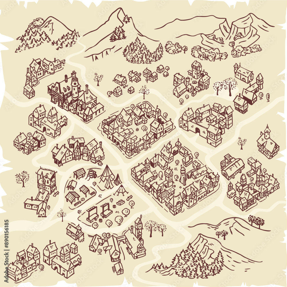 Hand-drawn map creator illustrations for fantasy settlement maps Stock ...