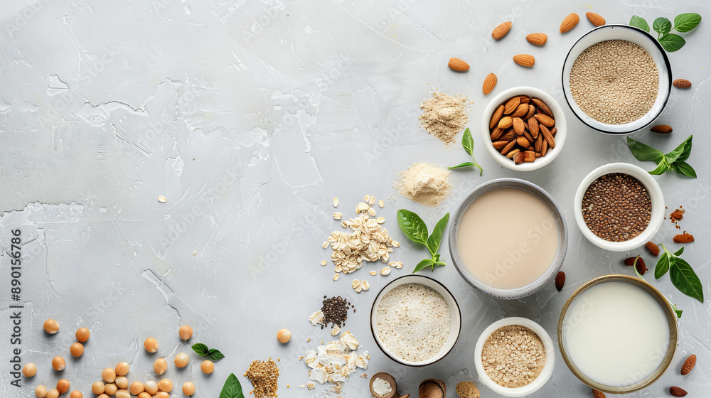 Collection of various vegan milks (almond, soy, rice, coconut, quinoa, brazil nut, cashew, oat) isolated on a white background, top view. Dairy-free, plant-based drinks. Collection of various vegan milks (almond, soy, rice, coconut, quinoa, brazil nut, cashew, oat) isolated on a white background, top view. Dairy-free, plant-based drinks.