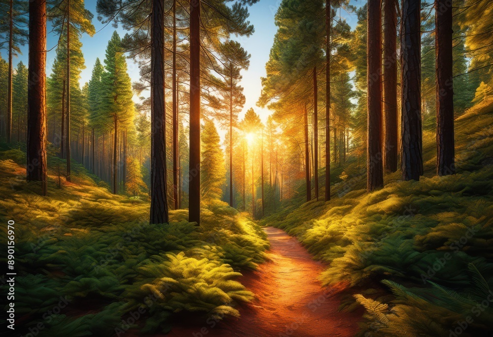 Fototapeta premium sunlit path winding through dense pine natural beauty landscape scene, forest, woods, greenery, hiking, outdoors, scenery, trees, wilderness, lush