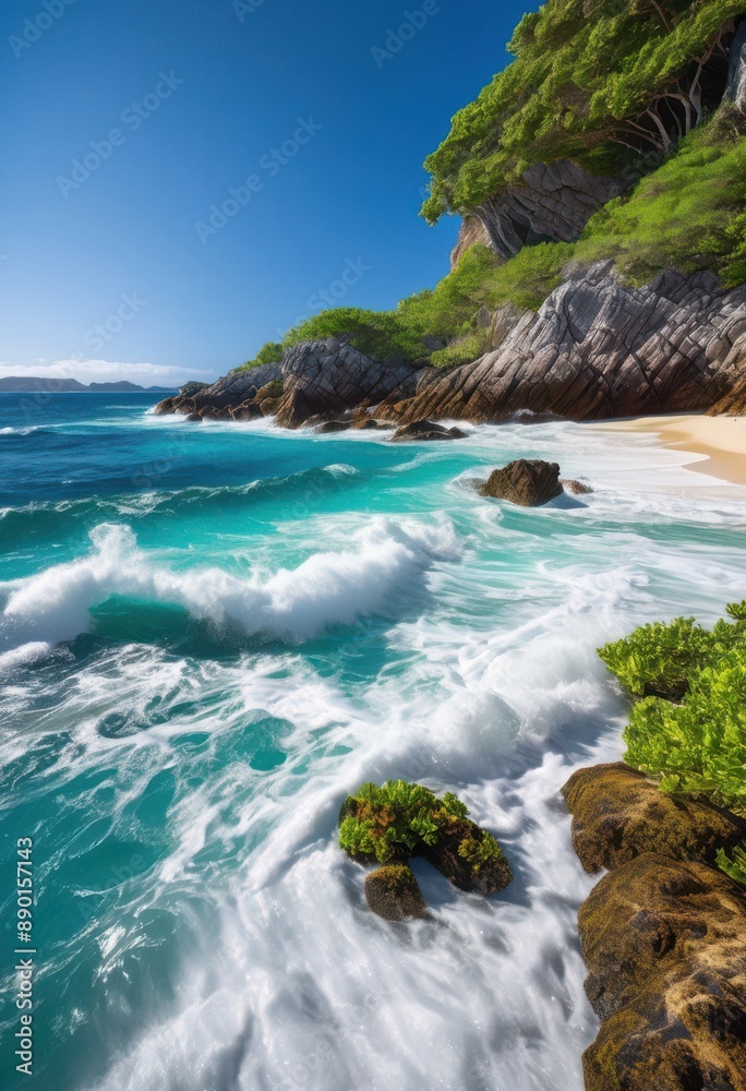 Fototapeta premium scenic waves rolling into secluded cove, ocean, water, beach, nature, peaceful, tranquil, coastline, shore, beautiful, isolated, remote, landscape, rocks,