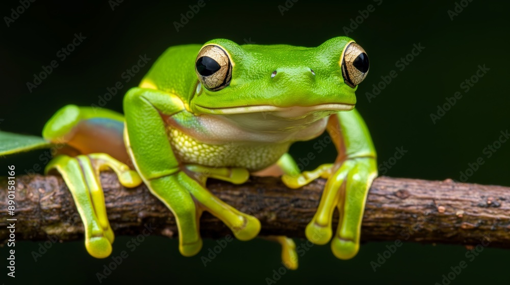 A green frog is sitting on a branch. The frog is looking at the camera. The image has a calm and peaceful mood A green frog is sitting on a branch. The frog is looking at the camera. The image has a calm and peaceful mood