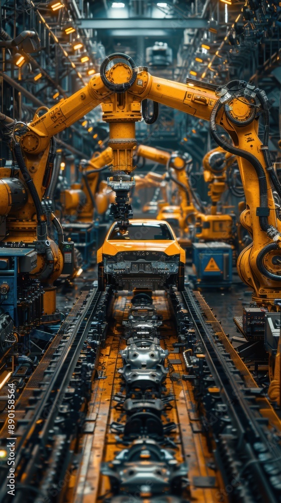 Automated factory assembly line with robotic arms manufacturing components in a high-tech, industrial environment. Automated factory assembly line with robotic arms manufacturing components in a high-tech, industrial environment.