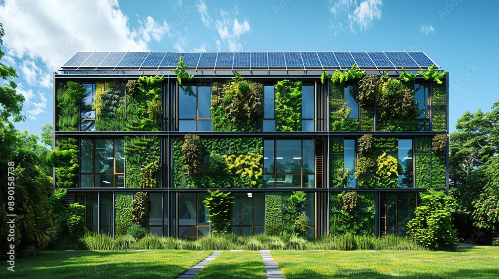 Crystal clear image of a sustainable office building, green wall, solar panels visible, Crystal clear image of a sustainable office building, green wall, solar panels visible,