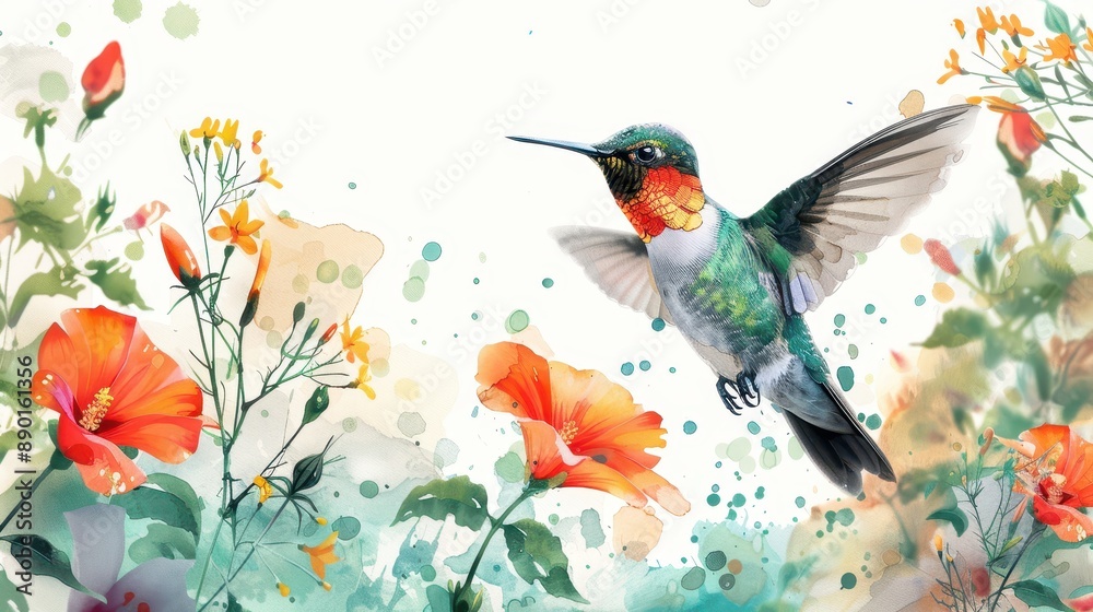 Hummingbird with lush floral background, minimalistic design, isolated on white background Hummingbird with lush floral background, minimalistic design, isolated on white background