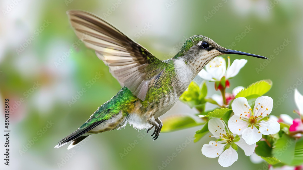 Close-up of hummingbird and blooming flowers, macro photography Close-up of hummingbird and blooming flowers, macro photography