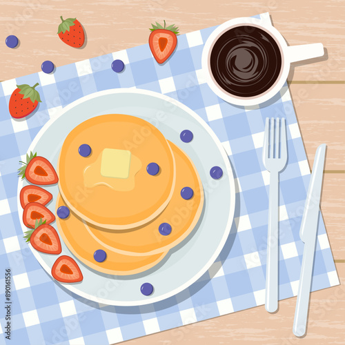 Pancake and Coffee for Breakfast and Fruits Decoration on Top of Wooden Table From Top View
