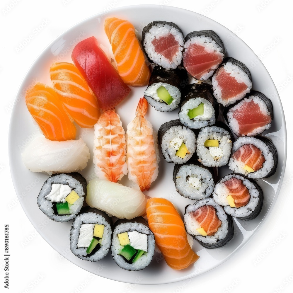 A vibrant assortment of sushi, including various sushi rolls and nigiri with different types of fish, arranged on a white plate, showcasing a delightful and appetizing meal. A vibrant assortment of sushi, including various sushi rolls and nigiri with different types of fish, arranged on a white plate, showcasing a delightful and appetizing meal.