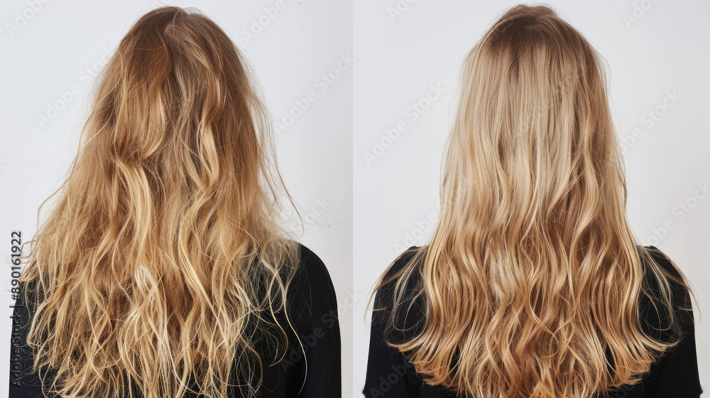 Before and after using a Parisian hair product, a young blonde woman's hair transforms from dirty and limp to voluminous and shiny. Before and after using a Parisian hair product, a young blonde woman's hair transforms from dirty and limp to voluminous and shiny.