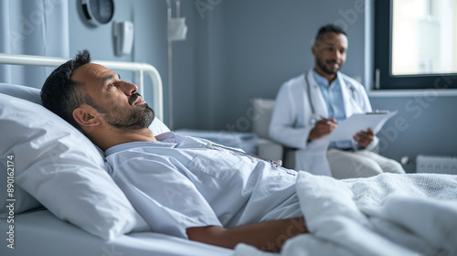 Doctor taking notes at the bedside Patients in hospital rooms psychological counseling