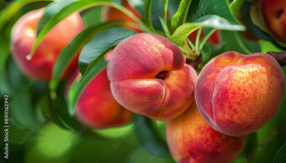 Ripe peaches with a velvety texture hang from the branches of a tree, surrounded by lush green leaves, capturing the essence of summer and nature's bounty in an orchard. Ripe peaches with a velvety texture hang from the branches of a tree, surrounded by lush green leaves, capturing the essence of summer and nature's bounty in an orchard.
