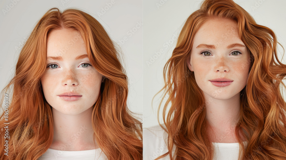 Before and after using hair products, a young redhead woman's hair went from thin and flat to thick and voluminous. Before and after using hair products, a young redhead woman's hair went from thin and flat to thick and voluminous.
