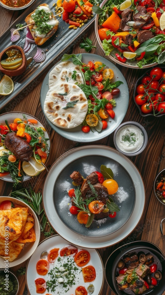 An array of assorted dishes featuring a variety of colorful and healthy foods, ranging from salads and veggies to bread and meats, perfect for a balanced meal.