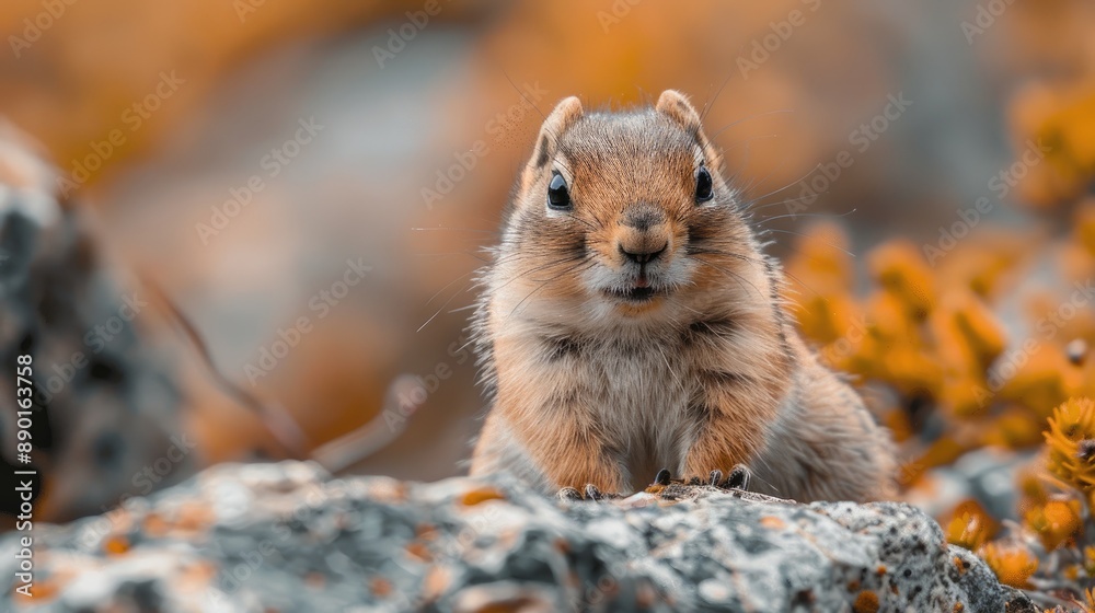 A curious squirrel sitting on a rock, with autumn foliage in the background, looking directly at the camera