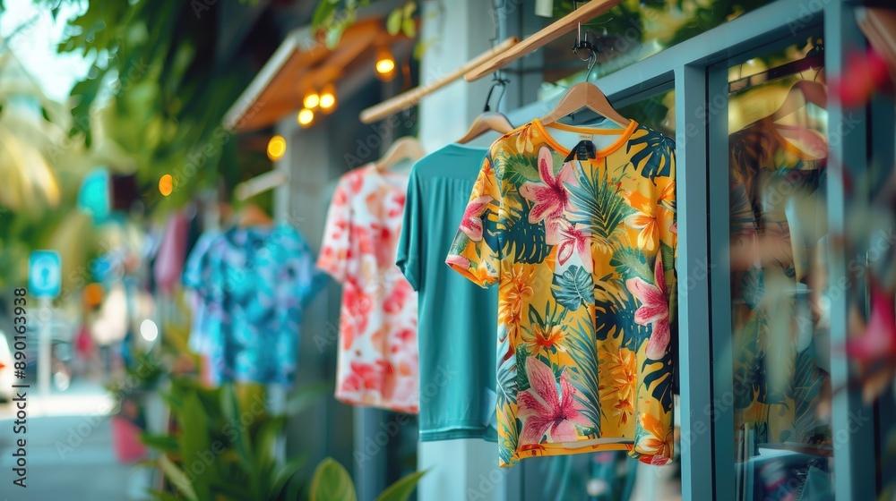 Naklejka premium Colorful tropical shirts on display hanging outside a shop, with a street view in the background, evoking a vibrant, summery atmosphere