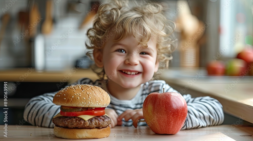 A smiling child sitting at a kitchen table with a delicious burger and a fresh apple, representing a balance between indulgence and healthy eating A smiling child sitting at a kitchen table with a delicious burger and a fresh apple, representing a balance between indulgence and healthy eating
