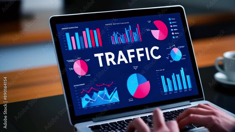 Video of a laptop with a traffic analytics dashboard. Features colorful charts and graphs with 'TRAFFIC' in bold white. Hands typing and coffee cup visible