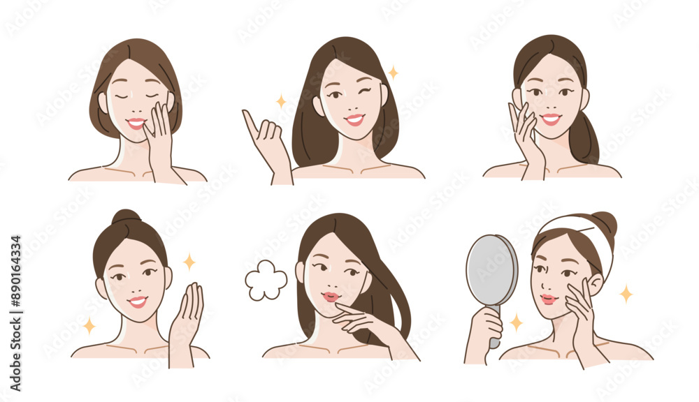 Skincare set. Collection of happy girl enjoying her healthy hydrated skin condition. Beauty and hygiene concept. Vector illustration.
Skincare set. Collection of happy girl enjoying her healthy hydrated skin condition. Beauty and hygiene concept. Vector illustration.
