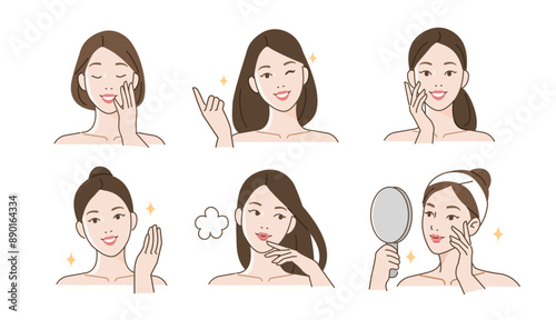Skincare set. Collection of happy girl enjoying her healthy hydrated skin condition. Beauty and hygiene concept. Vector illustration.
