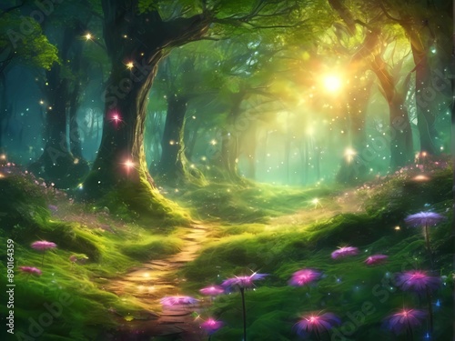 Fairytale fantasy magic landscape of a green way tunnel in the forest at sunrise of sunset, with shining flowers around. Whimsical wallpaper, Enchanting surreal imaginary background. Utopia concept photo