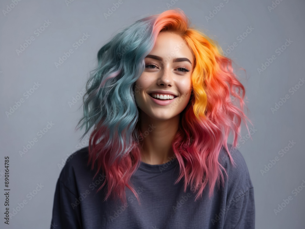 A cheerful woman with bright multi-colored hair demonstrates a stylish hairstyle. Her vibrant image exudes cheerfulness and creativity A cheerful woman with bright multi-colored hair demonstrates a stylish hairstyle. Her vibrant image exudes cheerfulness and creativity