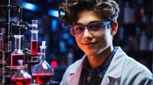 Young scientist chemistry student conducts experiments in the laboratory. The photo shows concentration and passion for the process, surrounded by laboratory equipment and reagents © daniiD