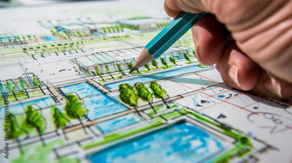 Depict an architect sketching the layout for a modern educational campus, featuring state-of-the-art classrooms, collaborative spaces, and green environments. Depict an architect sketching the layout for a modern educational campus, featuring state-of-the-art classrooms, collaborative spaces, and green environments.