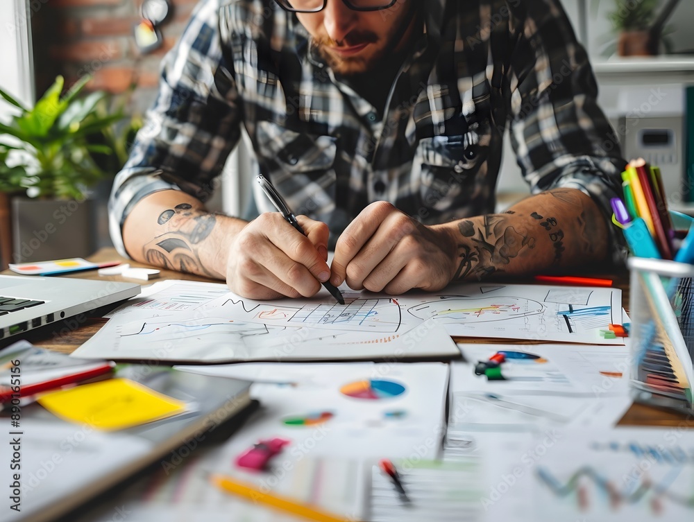 Entrepreneur Working on Startup Project in Modern Home Office with Creative Desk Setup Entrepreneur Working on Startup Project in Modern Home Office with Creative Desk Setup