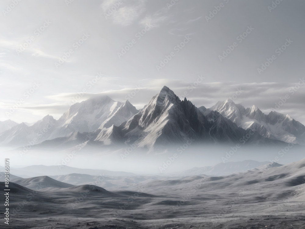 Majestic mountain peaks shrouded in mysterious fog. A minimalist landscape that radiates calm and tranquility Majestic mountain peaks shrouded in mysterious fog. A minimalist landscape that radiates calm and tranquility