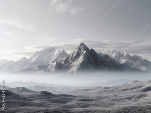 Majestic mountain peaks shrouded in mysterious fog. A minimalist landscape that radiates calm and tranquility