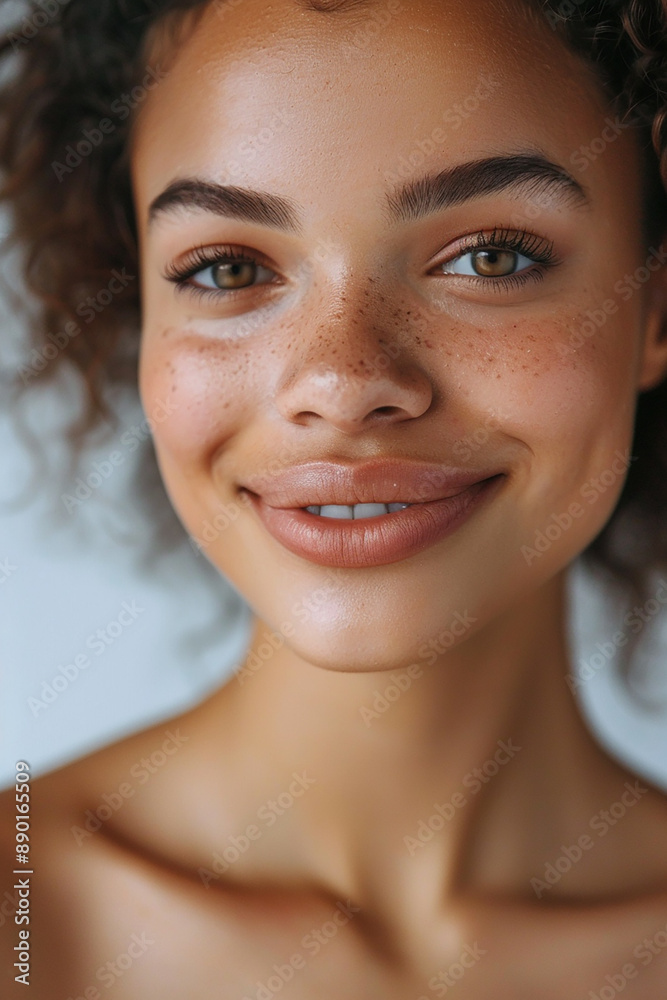 Close-up portrait of a smiling woman with curly hair and freckles, showcasing natural beauty and a joyful expression. Close-up portrait of a smiling woman with curly hair and freckles, showcasing natural beauty and a joyful expression.
