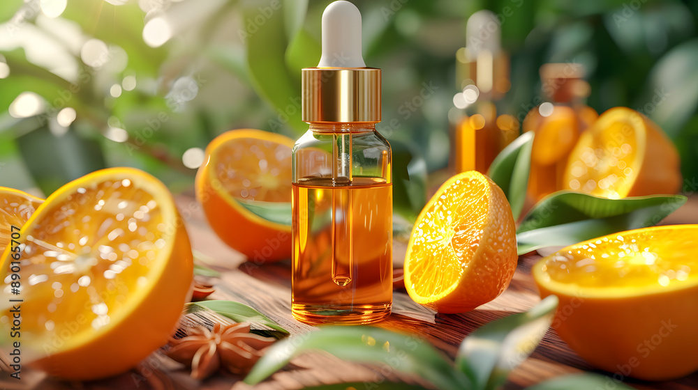 Natural vitamin c serum, skincare, essential oil products. Bottle of vitamin C serum with fresh juicy orange fruit Natural vitamin c serum, skincare, essential oil products. Bottle of vitamin C serum with fresh juicy orange fruit