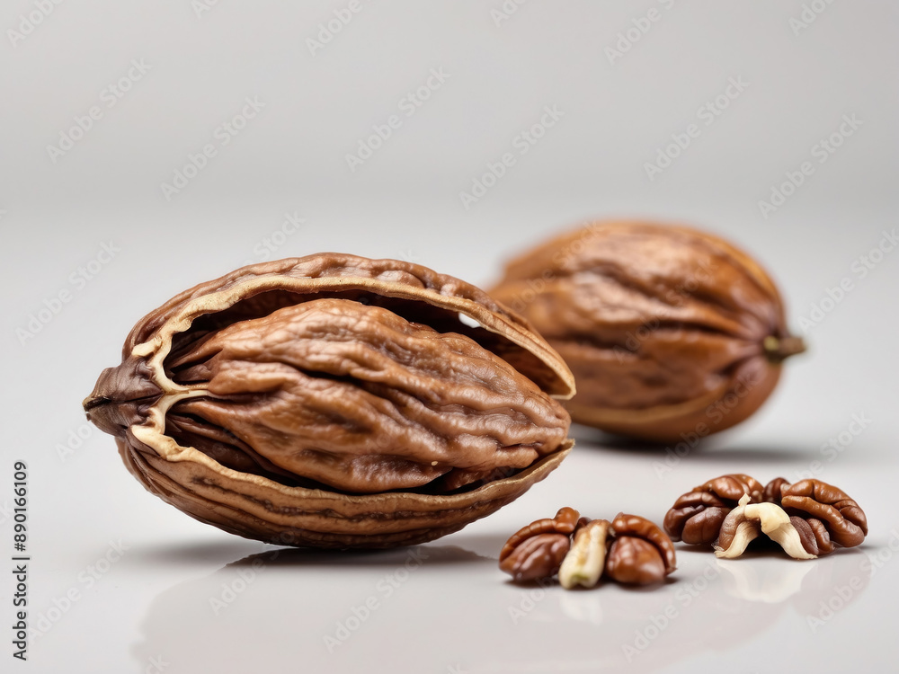 Close-up on pecan kernels. Natural, nutritious and healthy nuts on a light background