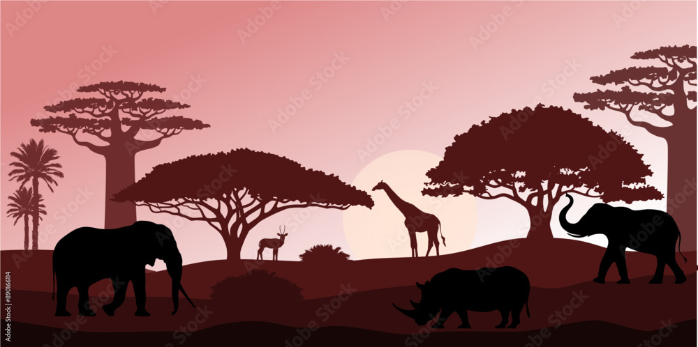 The landscape of Africa with elephants, rhinoceros and giraffe. Savanna trees, baobabs and palm trees