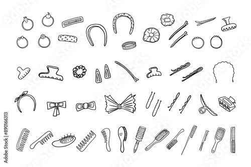 Large set of elastic bands and hair clips, hair combs in doodle style. Hairdressing tools. Hairpin, invisible, comb, hair brush, massage comb. Salon. Stylist. Beauty saloon. hand drawn