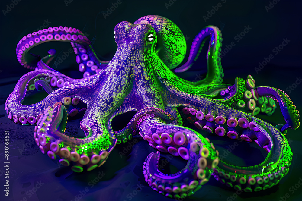 cute scary octopus animal neon dark background 3d rendering