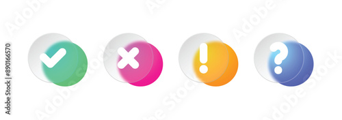 Modern checkmark icons set. Isolated glass checkmarks icon on background . Neon check, cross, question, exclamation mark symbols. Creative vector button illustration.