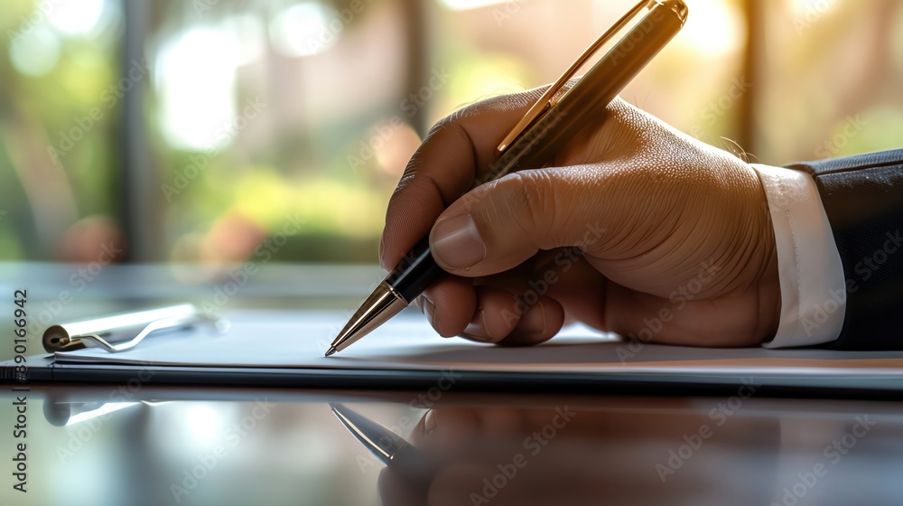 Obraz premium Closeup of a businesspersons hand placing a pen on a desk, with ample copy space, more clarity with clear light and sharp focus, high detailed